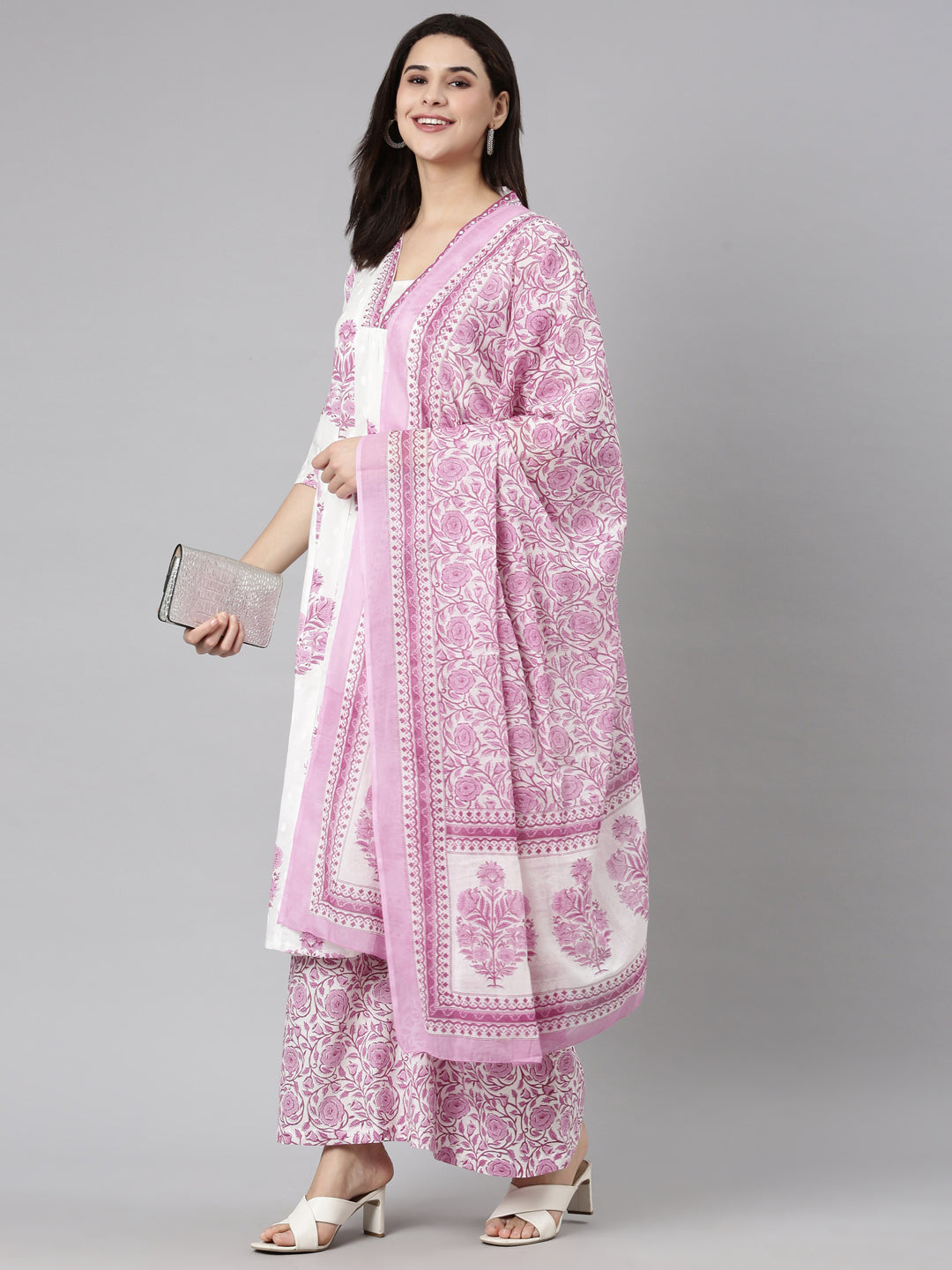 Neerus Purple floral printed straight suit set - detail view 2