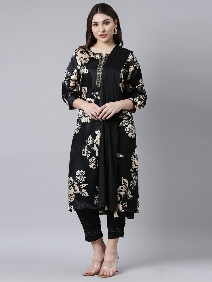 Neerus Black floral printed straight suit set - front view