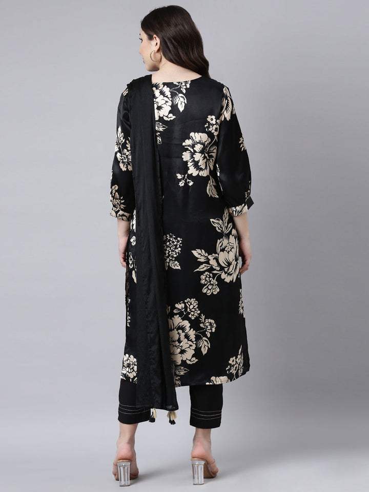 Neerus Black floral printed straight suit set - side view