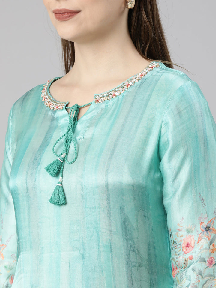 Neerus Green printed floral suit set - detail view 4