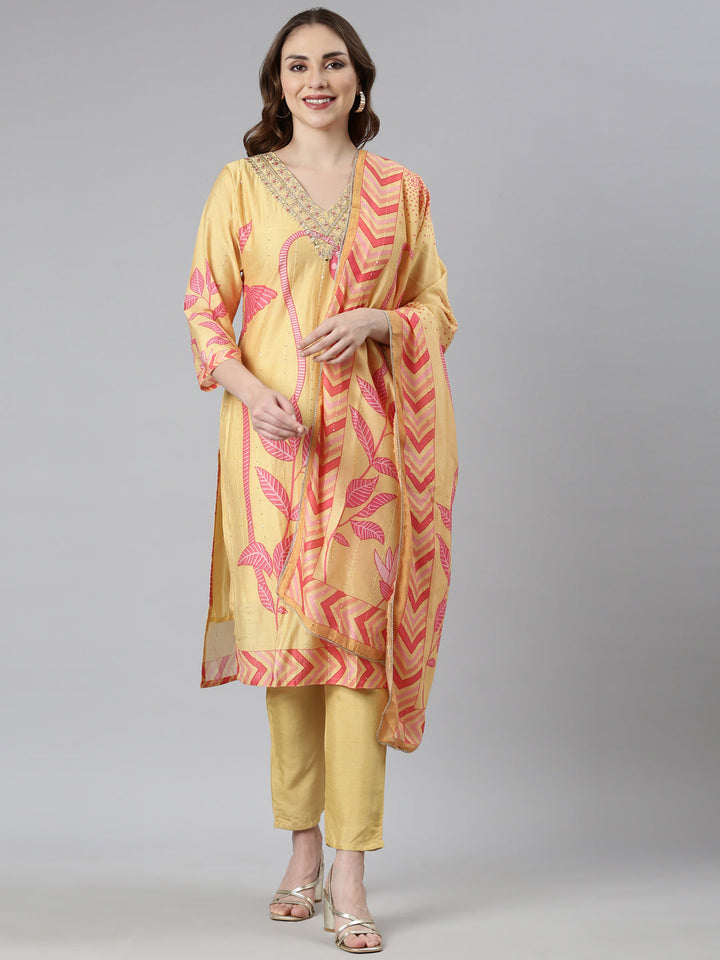 Neerus Yellow Regular Straight Floral Kurta And  Trousers With Dupatta