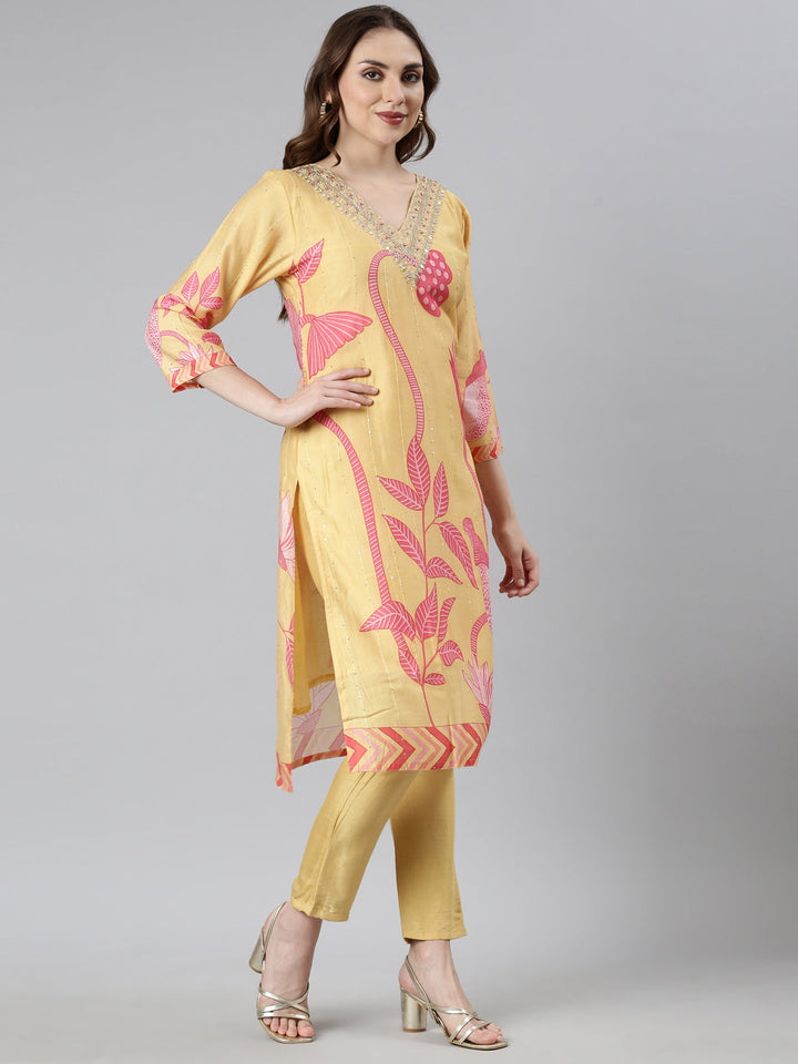 Neerus Yellow Regular Straight Floral Kurta And  Trousers With Dupatta