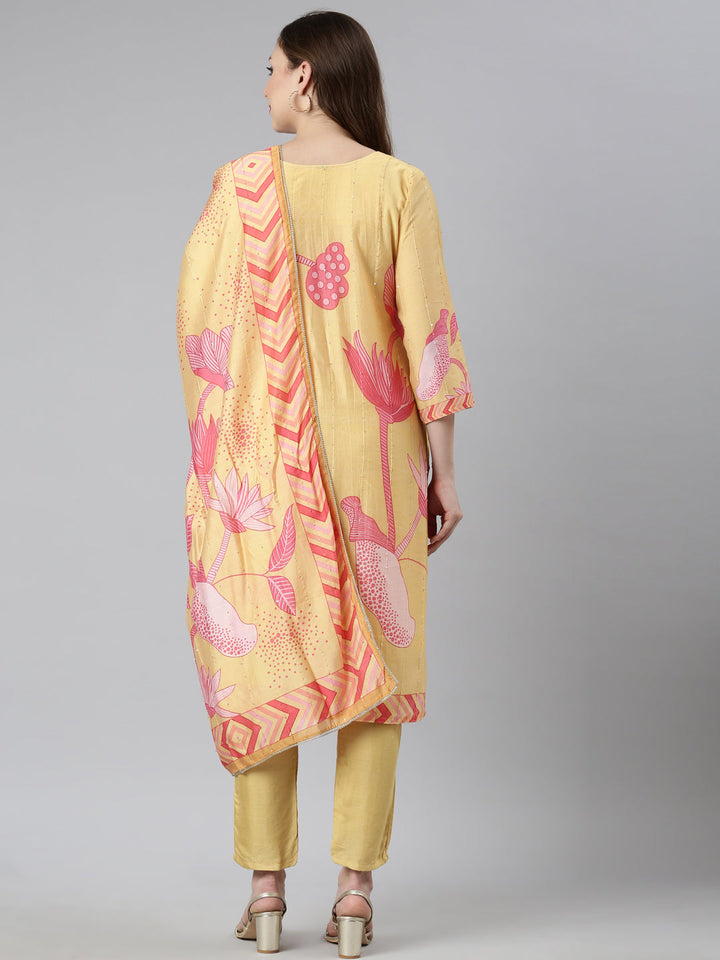 Neerus Yellow Regular Straight Floral Kurta And  Trousers With Dupatta