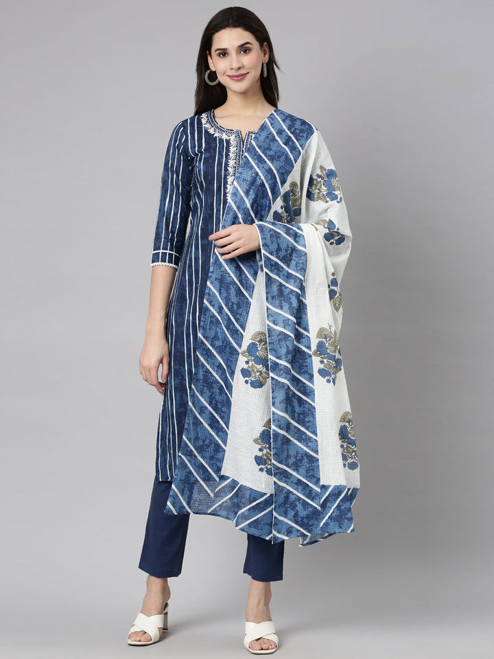 Neerus Navy Blue Regular Straight Striped Kurta And  Trousers With Dupatta