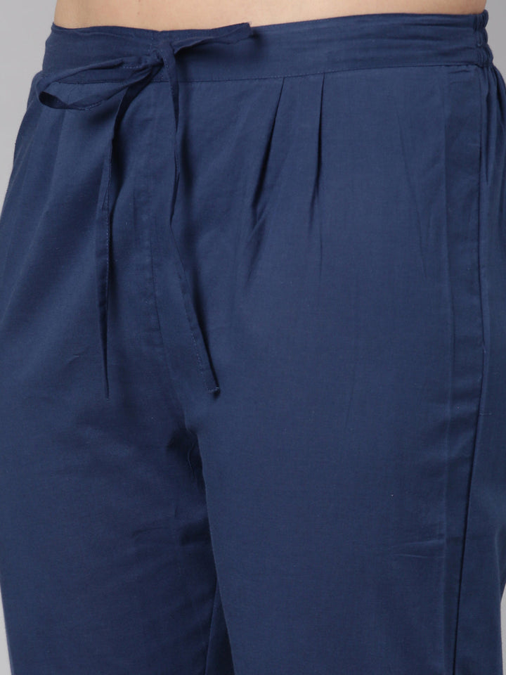 Neerus Navy Blue Regular Straight Striped Kurta And  Trousers With Dupatta