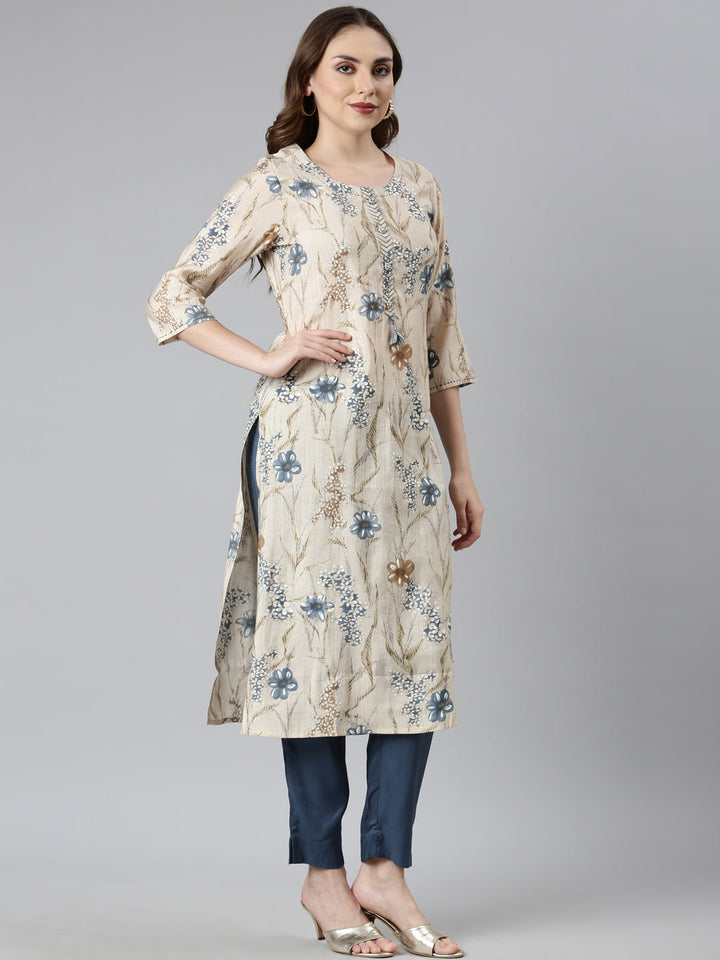 Neerus Blue printed floral suit set straight kurta with trouser and dupatta - back view