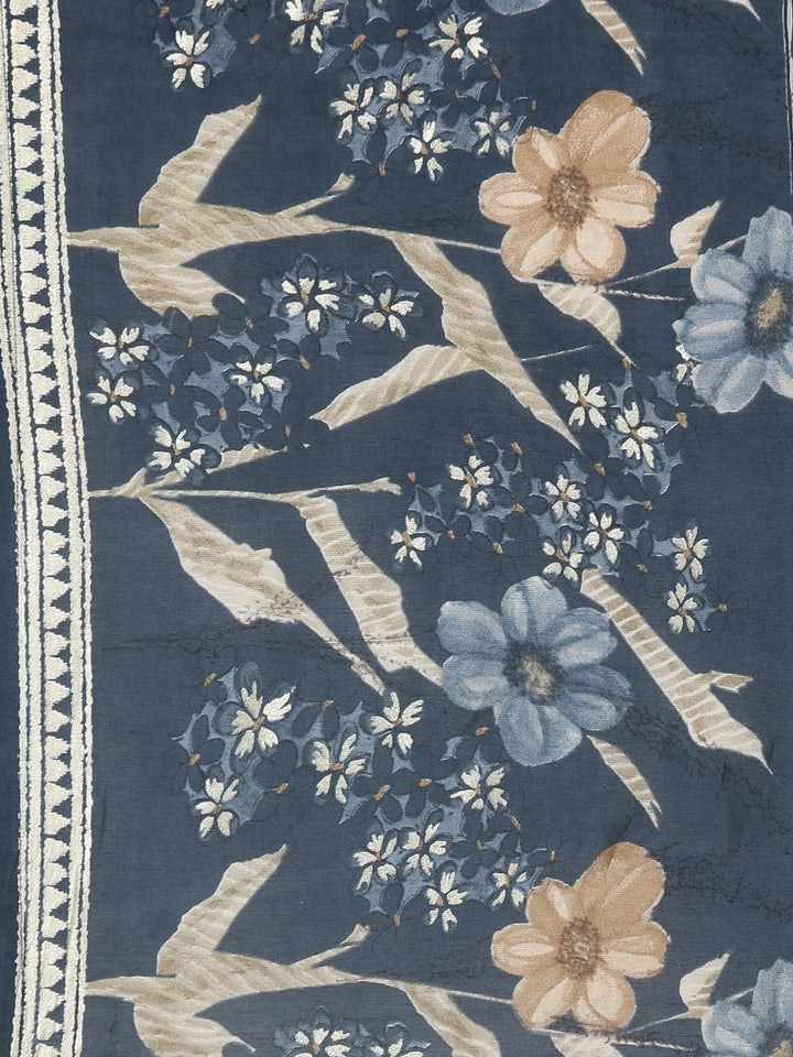 Neerus Blue printed floral suit set straight kurta with trouser and dupatta - detail view 3