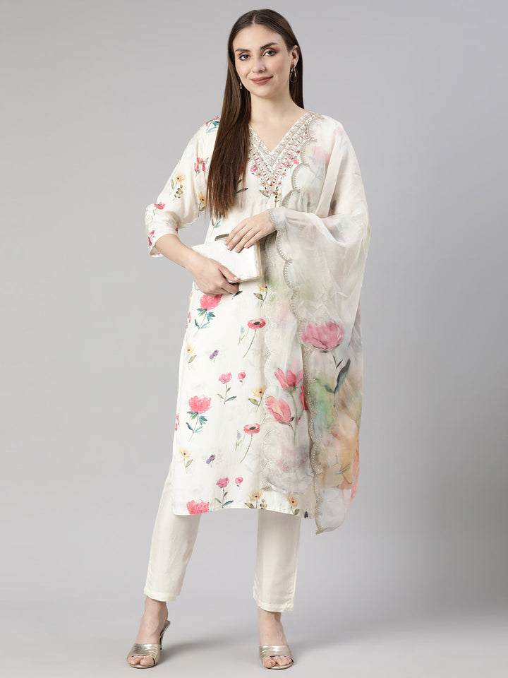 Neerus White printed floral suit set straight kurta with trouser and dupatta - detail view 1