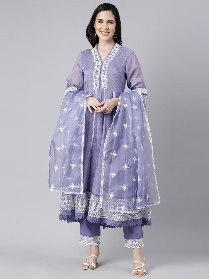 Neerus Blue printed floral straight suit set - front view