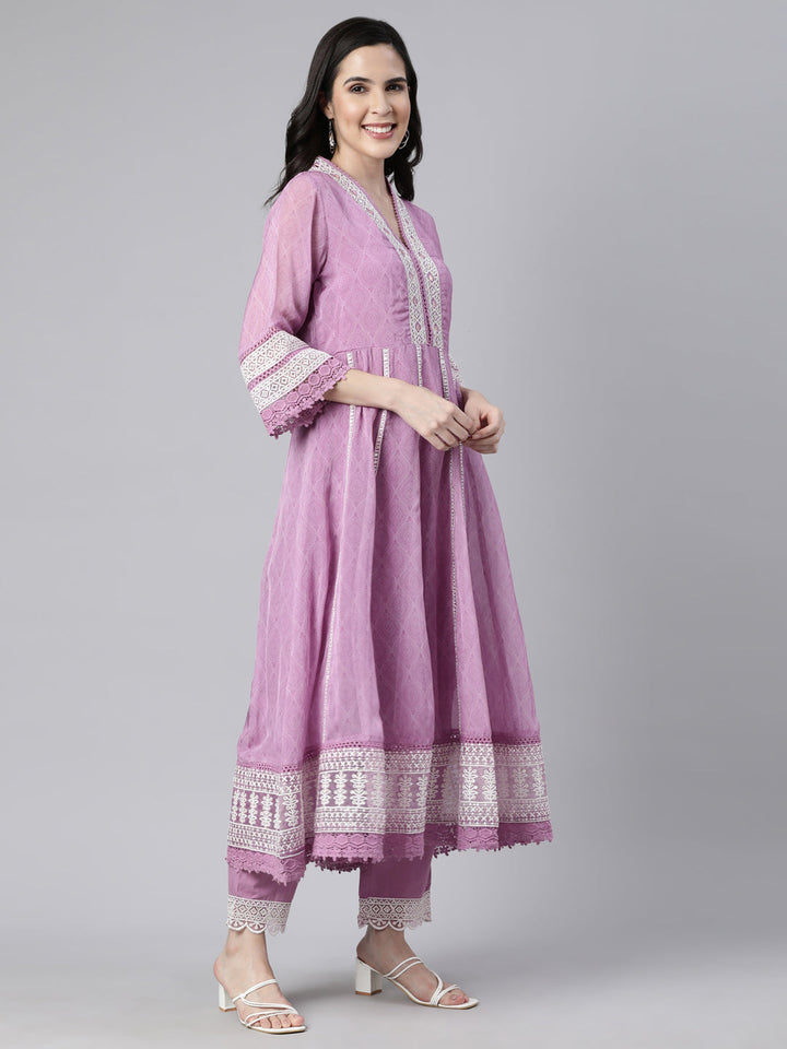 Neerus Lavender Regular Straight Floral Kurta And Trousers With Dupatta