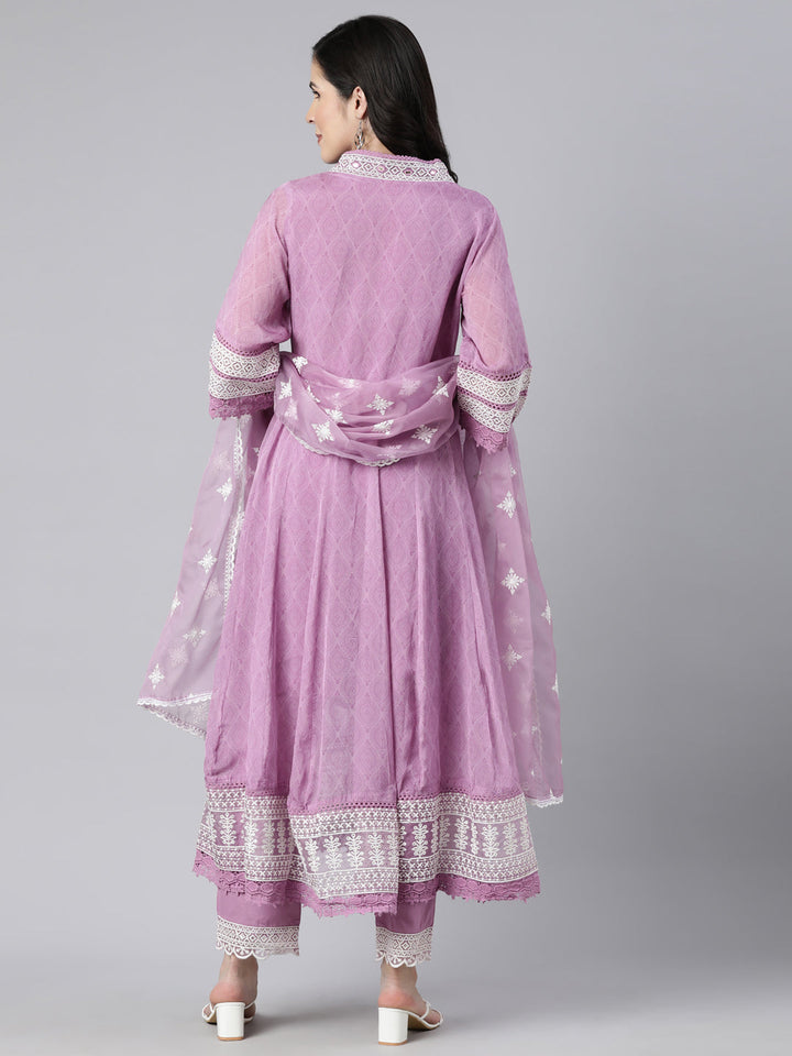 Neerus Lavender Regular Straight Floral Kurta And Trousers With Dupatta