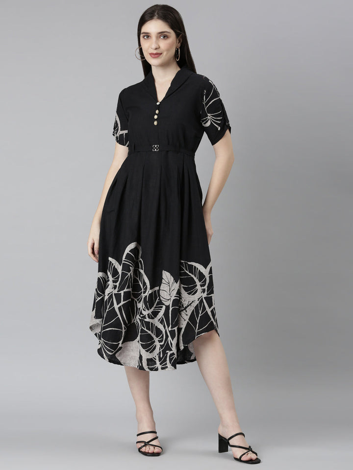 Neerus Black printed straight kurti ethnic wear - front view