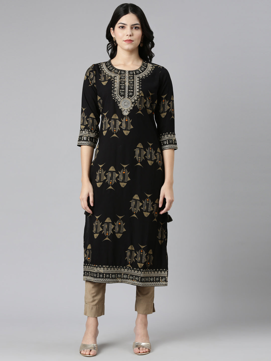 Neerus Black printed straight kurti - front view