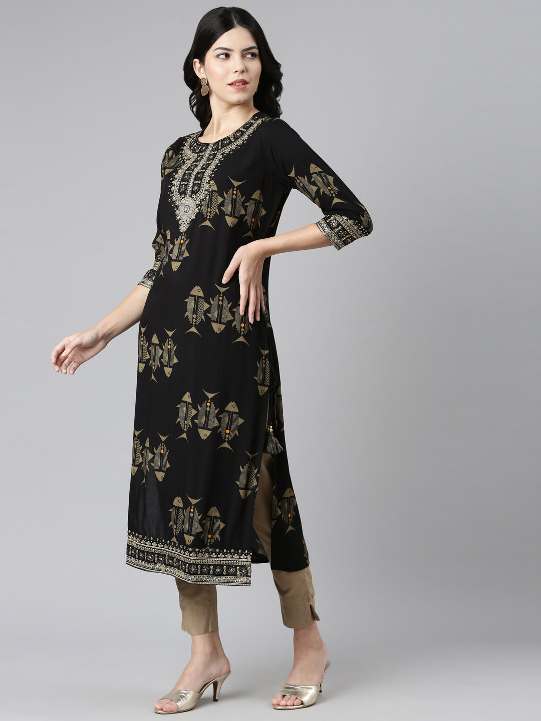 Neerus Black printed straight kurti - back view