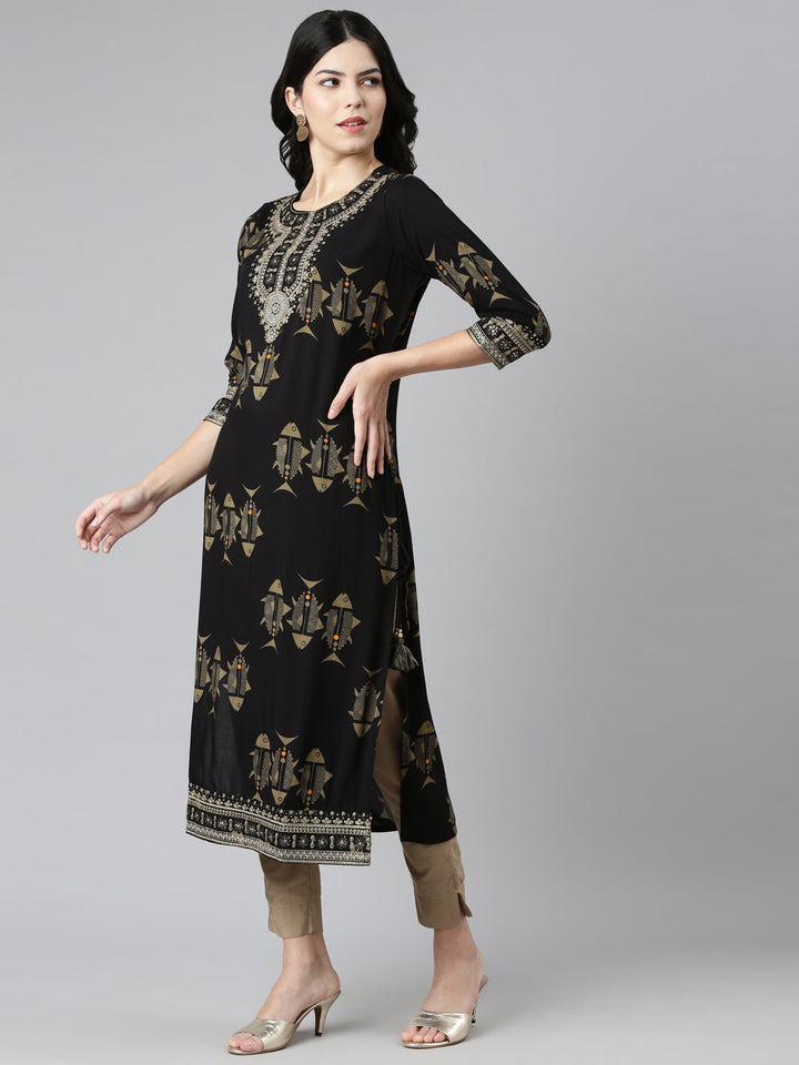 Neerus Black printed straight kurti - back view