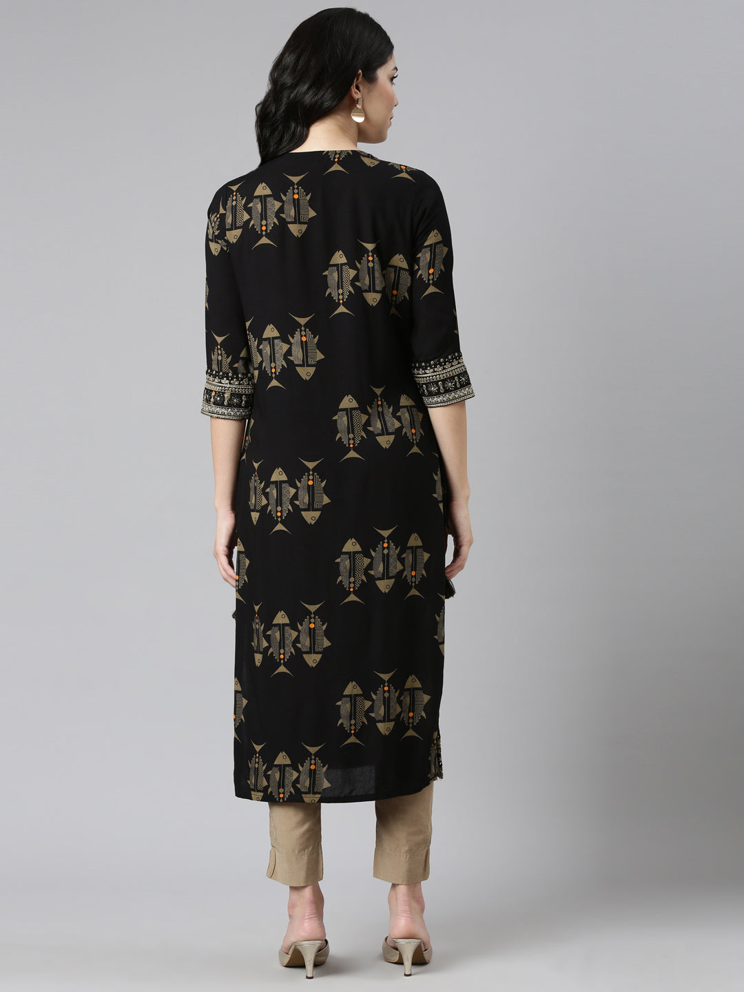 Neerus Black printed straight kurti - side view