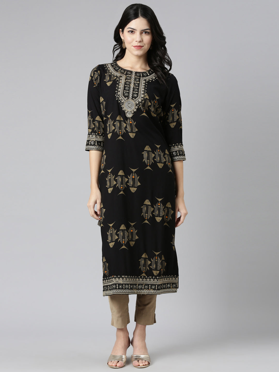 Neerus Black printed straight kurti - detail view 2