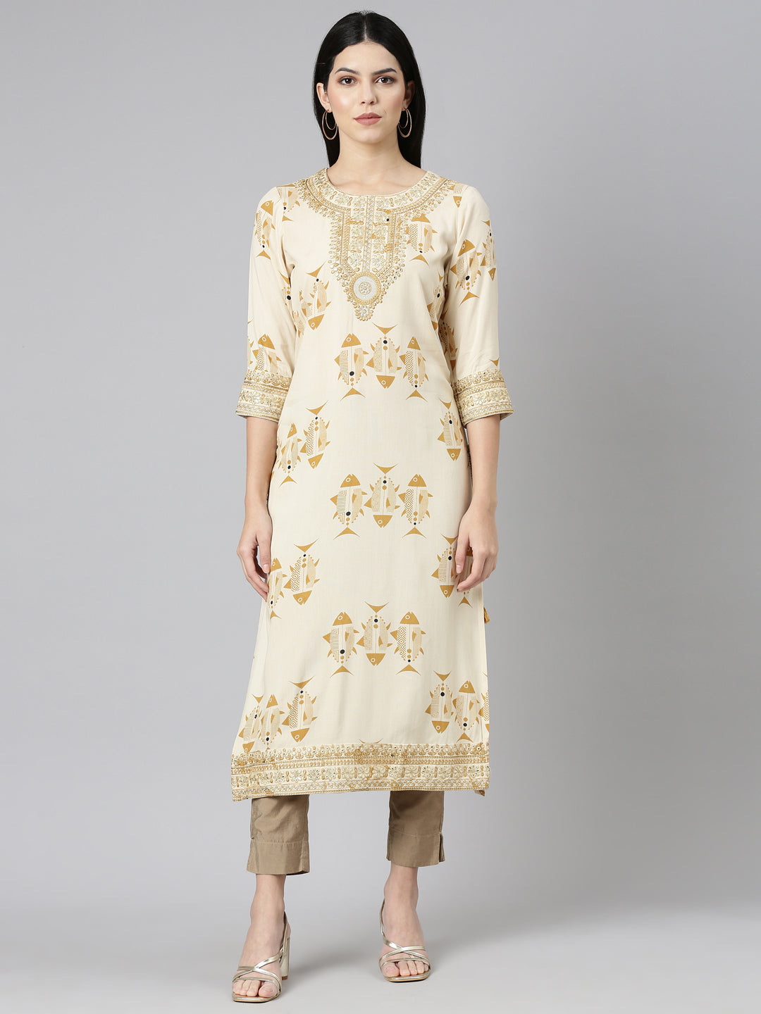 Neerus Beige printed straight kurti - front view