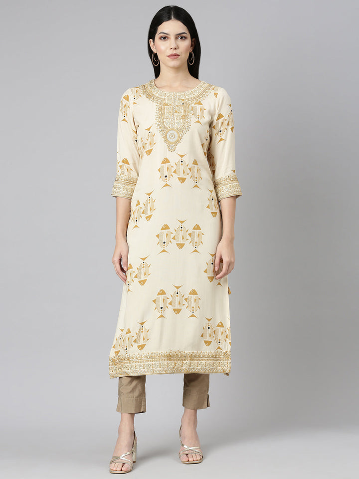Neerus Beige printed straight kurti - front view