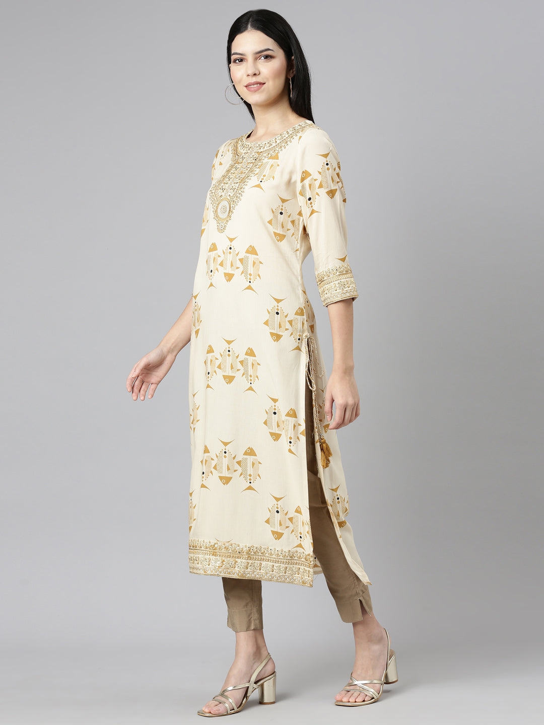 Neerus Beige printed straight kurti - back view