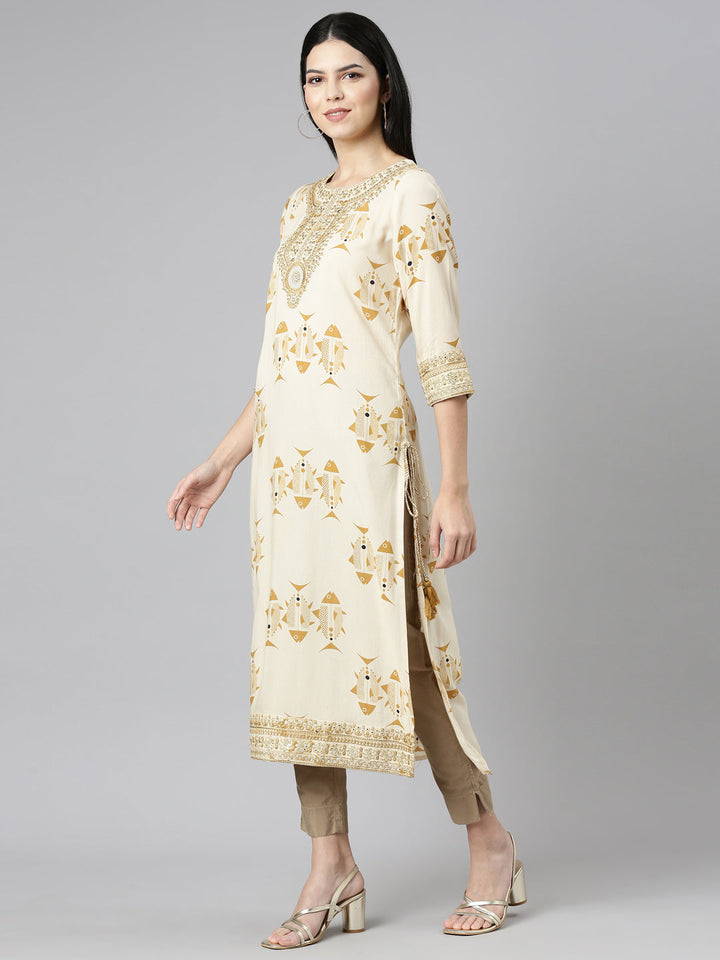 Neerus Beige printed straight kurti - back view