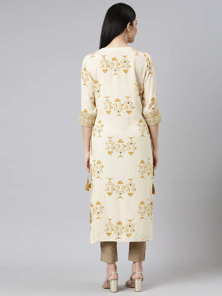 Neerus Beige printed straight kurti - side view