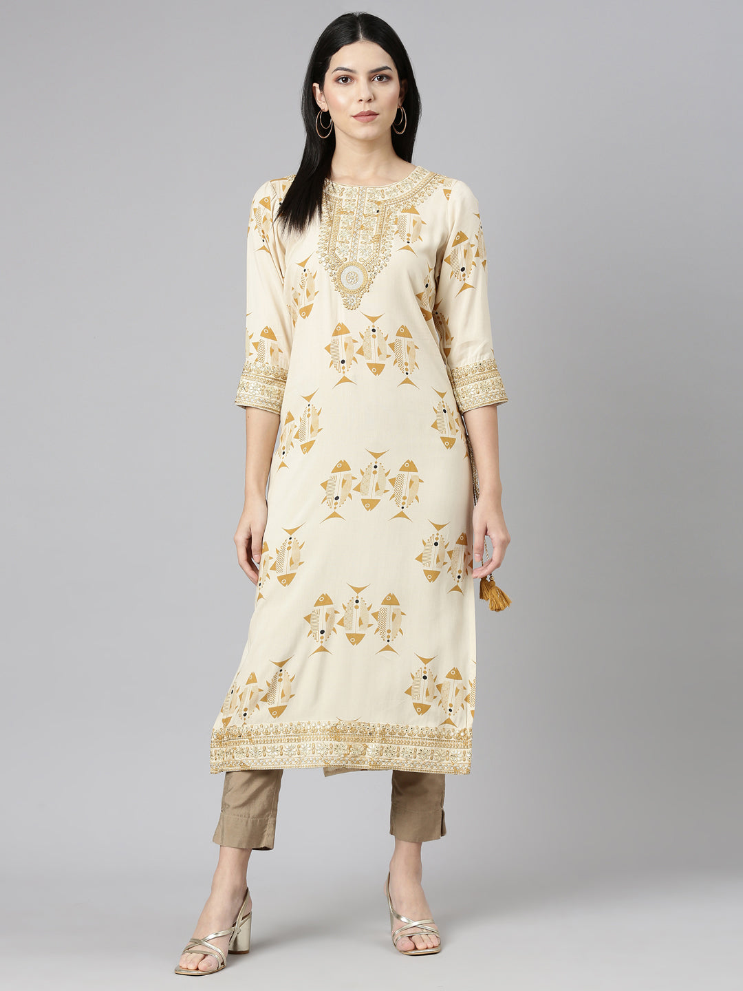 Neerus Beige printed straight kurti - detail view 3