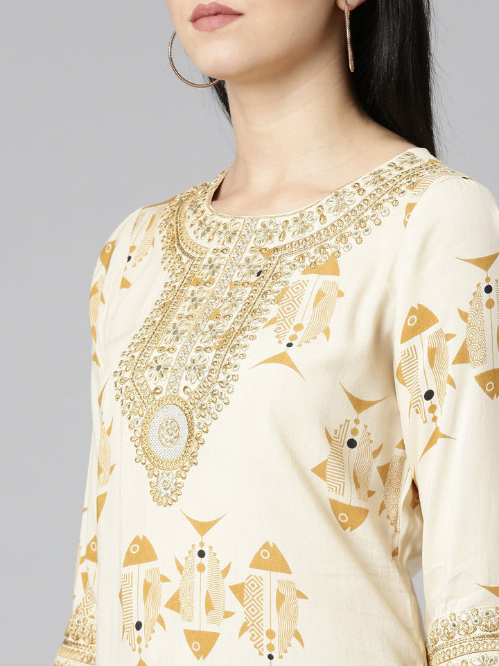 Neerus Beige printed straight kurti - detail view 2
