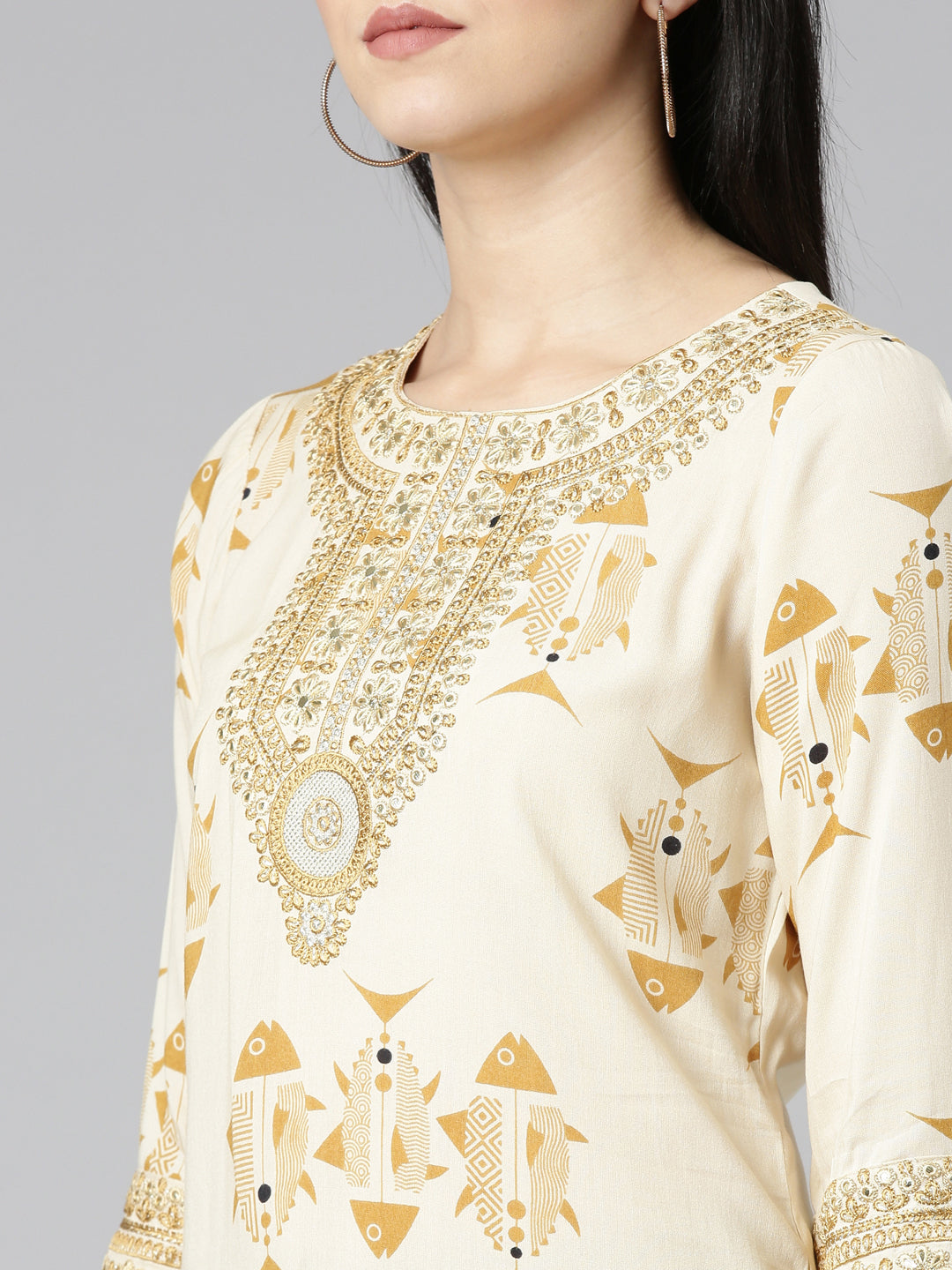 Neerus Beige printed straight kurti - detail view 1
