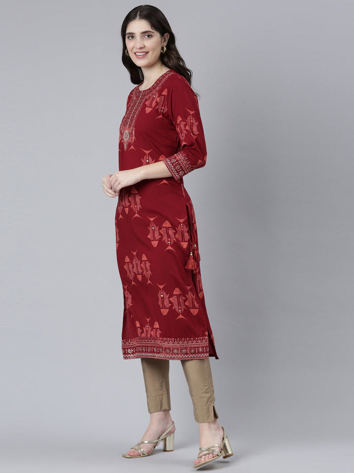Neerus Maroon printed straight kurti - back view