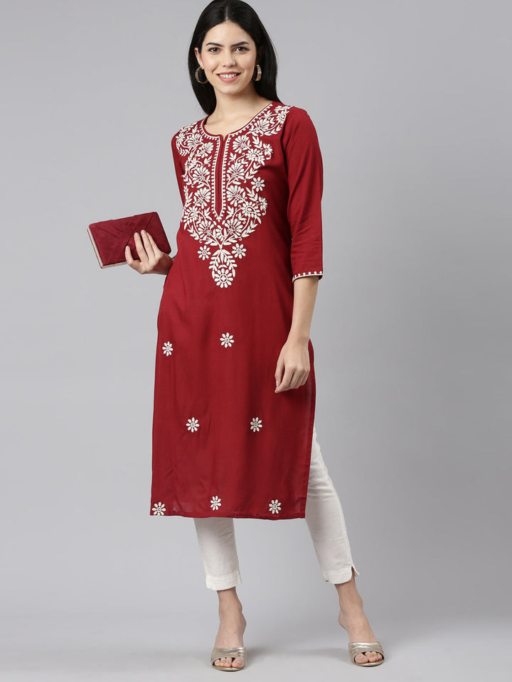 Neerus Maroon embroidered straight kurti - detail view 2