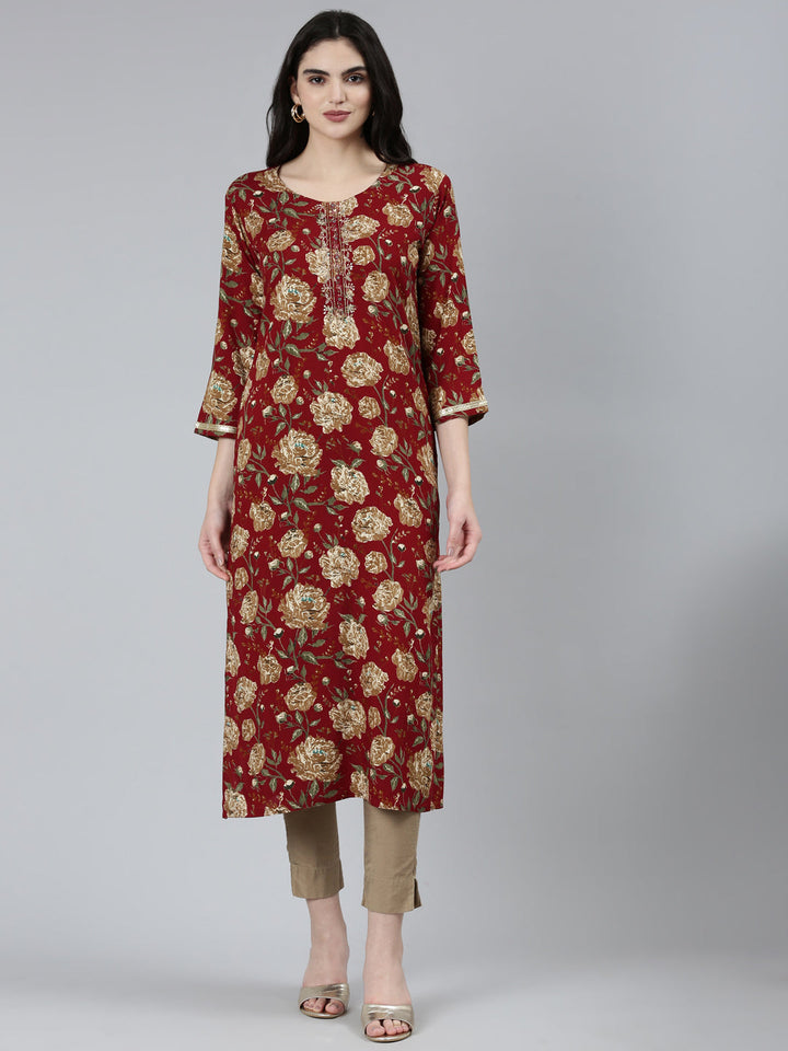 Neerus Maroon floral printed straight kurti - front view