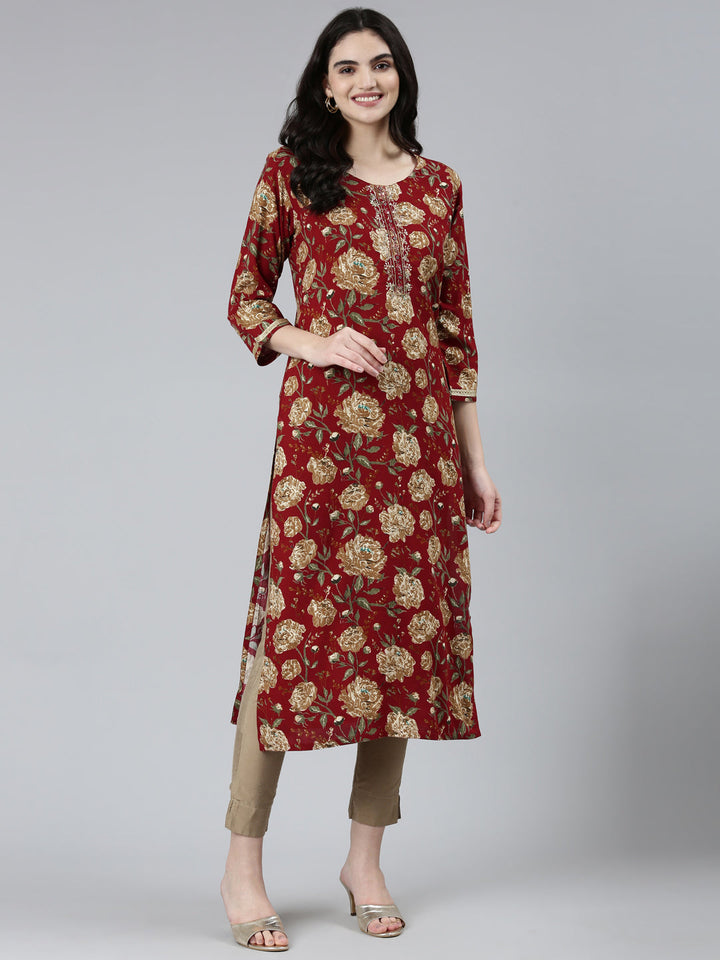 Neerus Maroon floral printed straight kurti - detail view 2