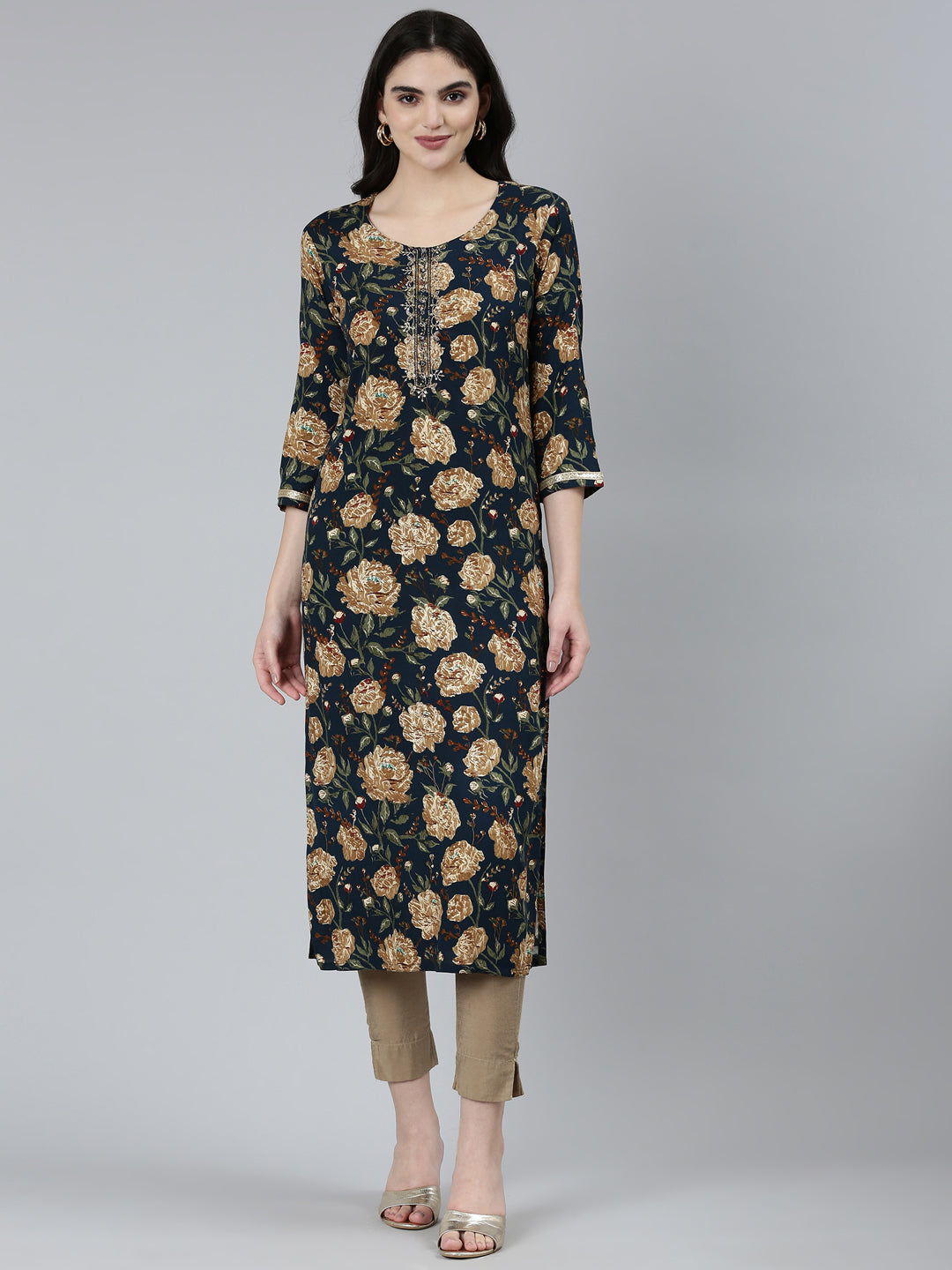 Neerus Blue floral embroidered straight kurti - front view