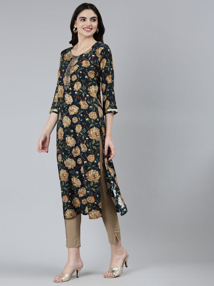 Neerus Blue floral embroidered straight kurti - back view