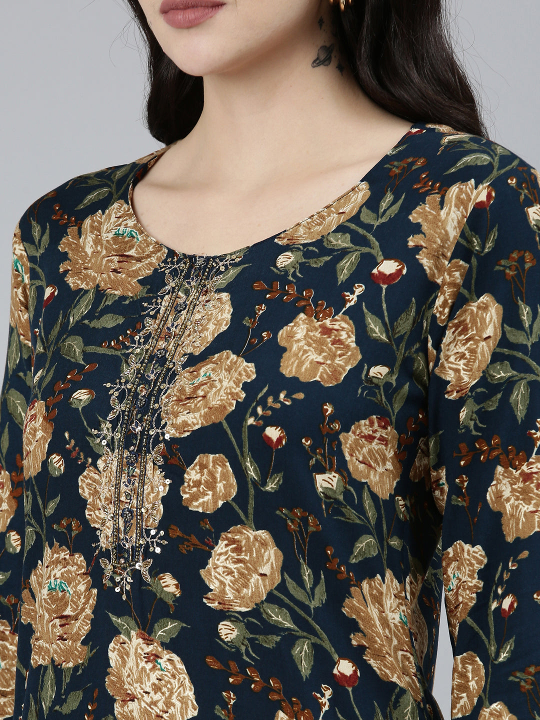 Neerus Blue floral embroidered straight kurti - detail view 1