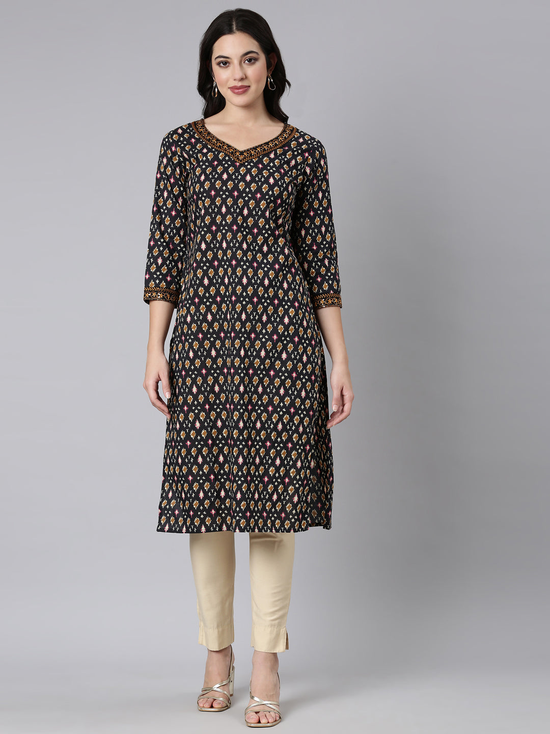 Neerus Black woven straight kurti - front view