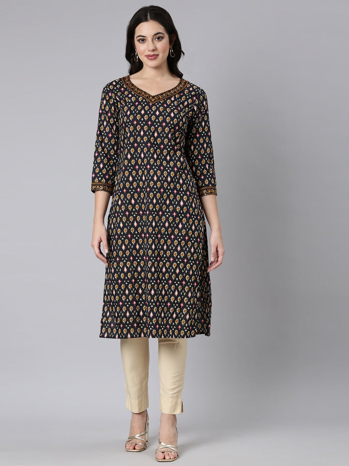 Neerus Black woven straight kurti - front view