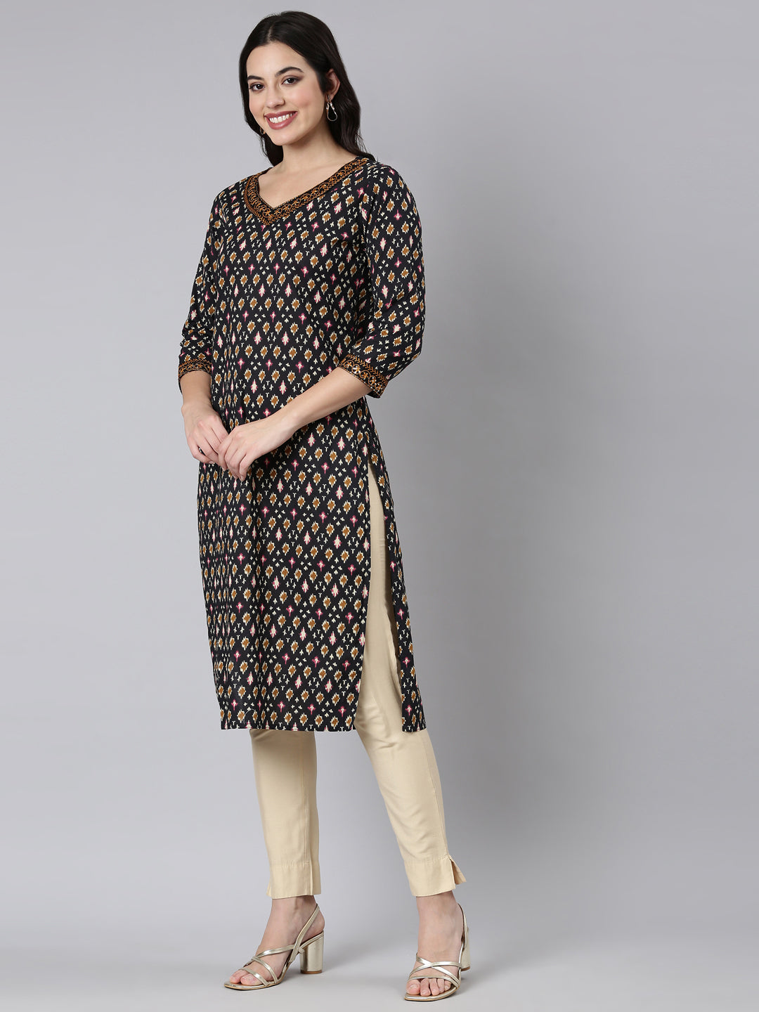 Neerus Black woven straight kurti - back view