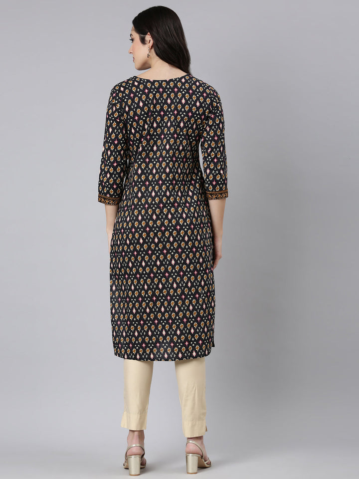 Neerus Black woven straight kurti - side view