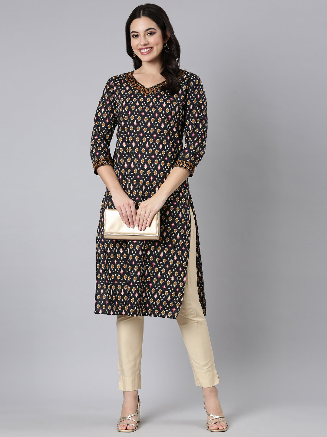 Neerus Black woven straight kurti - detail view 1