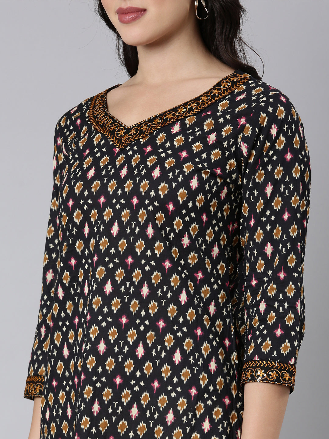 Neerus Black woven straight kurti - detail view 2