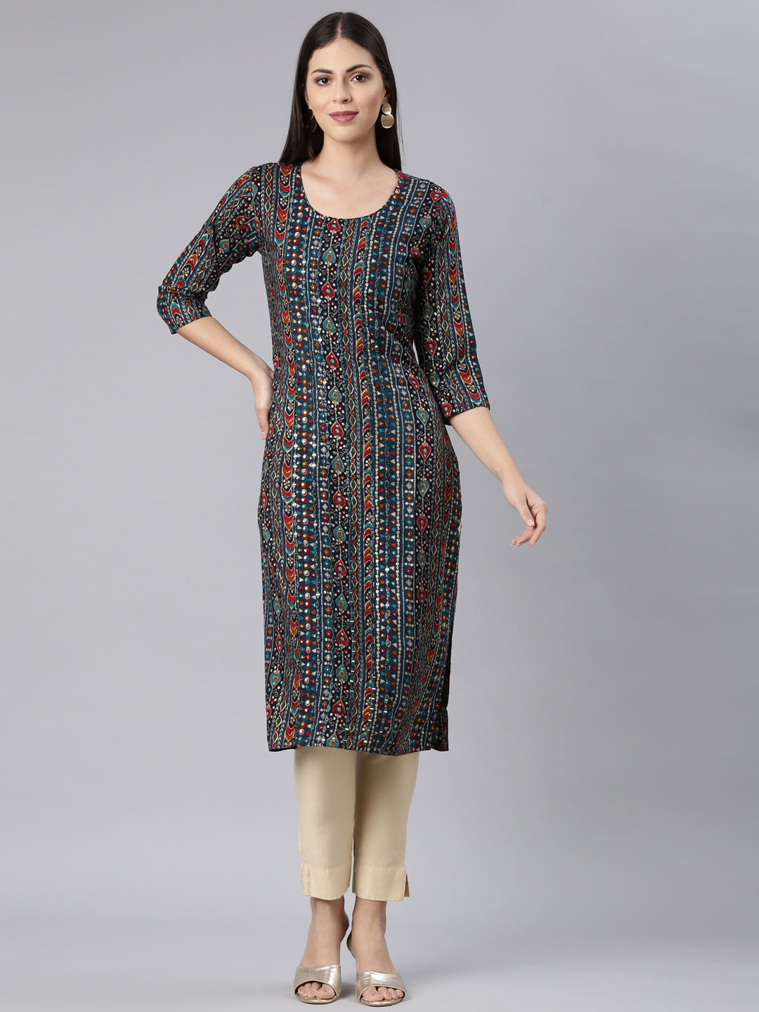 Neerus Blue Rayon Embellished Straight Kurta - front view