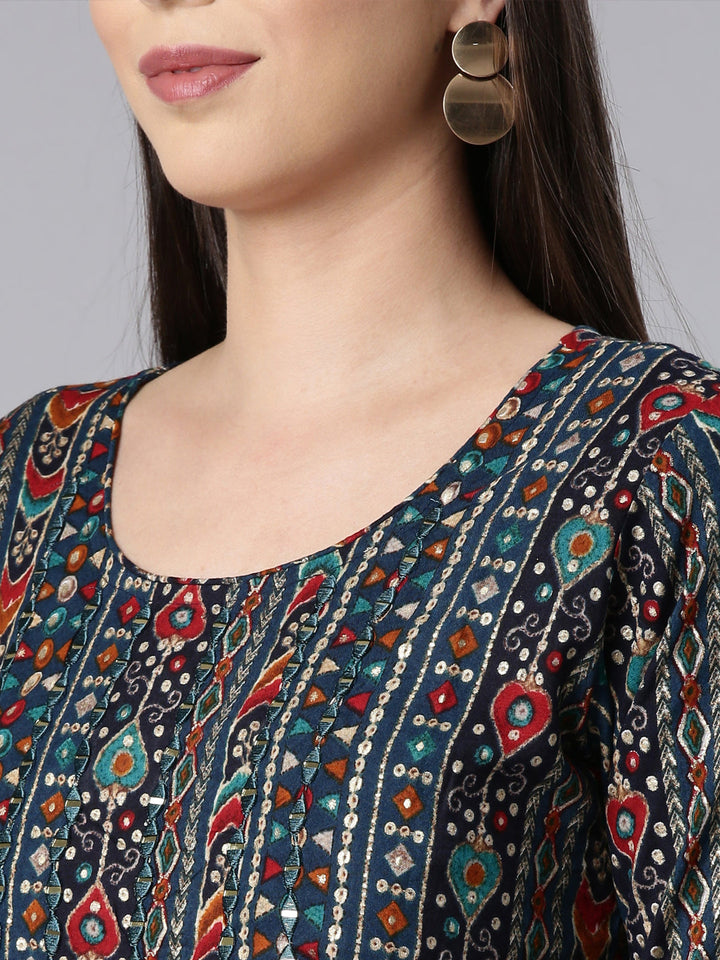 Neerus Blue Rayon Embellished Straight Kurta - detail view 2