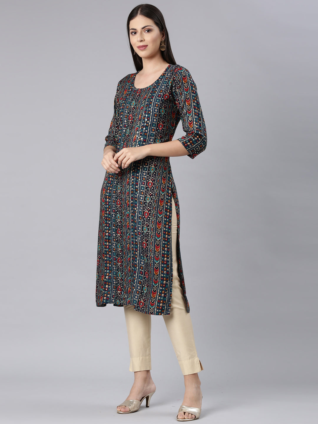 Neerus Blue Rayon Embellished Straight Kurta - back view