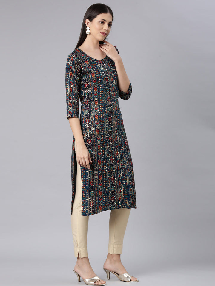 Neerus Blue Rayon Embellished Straight Kurta - side view