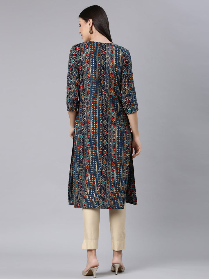 Neerus Blue Rayon Embellished Straight Kurta - detail view 1