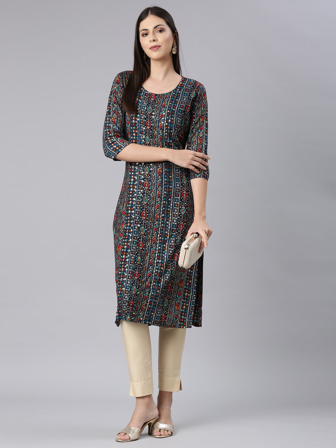 Neerus Blue Rayon Embellished Straight Kurta - detail view 3