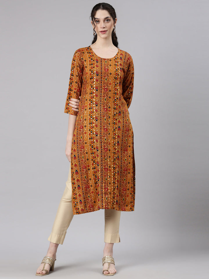 Neerus Yellow Rayon Embellished Kurti - front view
