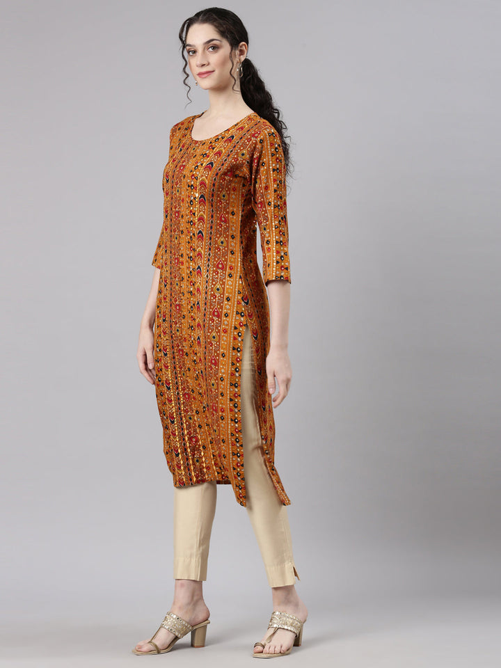 Neerus Yellow Rayon Embellished Kurti - back view